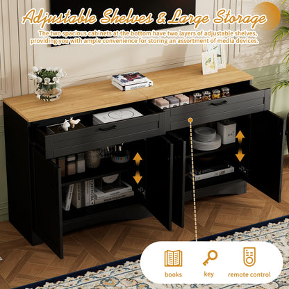 Ball & Cast Farmhouse TV Stand with 2 Drawers for TVs up to 70",Wood Grain Sideboard Buffet Cabinet w/Rustic Handles and Adjustable Shelf,Entertainment Center for Living Room,Bedroom,Black