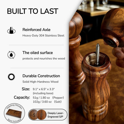 Aurevit Wooden Salt and Pepper Grinder Set, Manual Salt and Pepper Mill with Ceramic/Stainless Steel Core, Refillable Salt Grinder with External Adjustable Coarseness, 9” Tall (Beech)