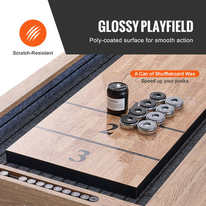 VEVOR Shuffleboard Table, 9 ft Shuffleboard for Family Game Rooms, 2 in 1 Shuffleboard and Bowling Combo Game Set, with Scratch-Resistant Playfield, Legs, 8 Pucks, Bowling Set, Wax, and Table Brush