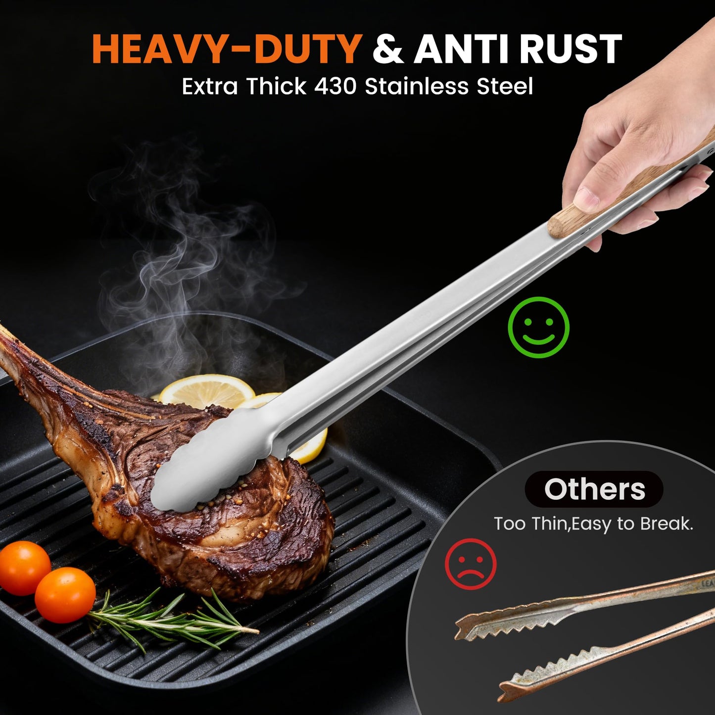17-Inch Grill Tongs - Locking Metal Tongs with Oak Wood Handles,Stainless Steel Kitchen Tongs for Cooking,Long Tongs for Grilling,BBQ,Serving and Outdoor Barbecue,Heavy Duty,Heat-Resistant and Durable