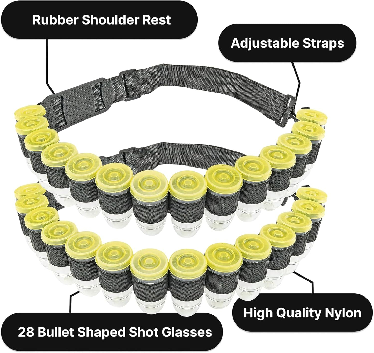 Fairly Odd Novelties Shot Glass Ammo Belt with 28 Bullet-Shaped Shot Glasses, Adjustable Nylon for Parties