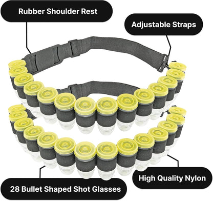 Fairly Odd Novelties Shot Glass Ammo Belt with 28 Bullet-Shaped Shot Glasses, Adjustable Nylon for Parties