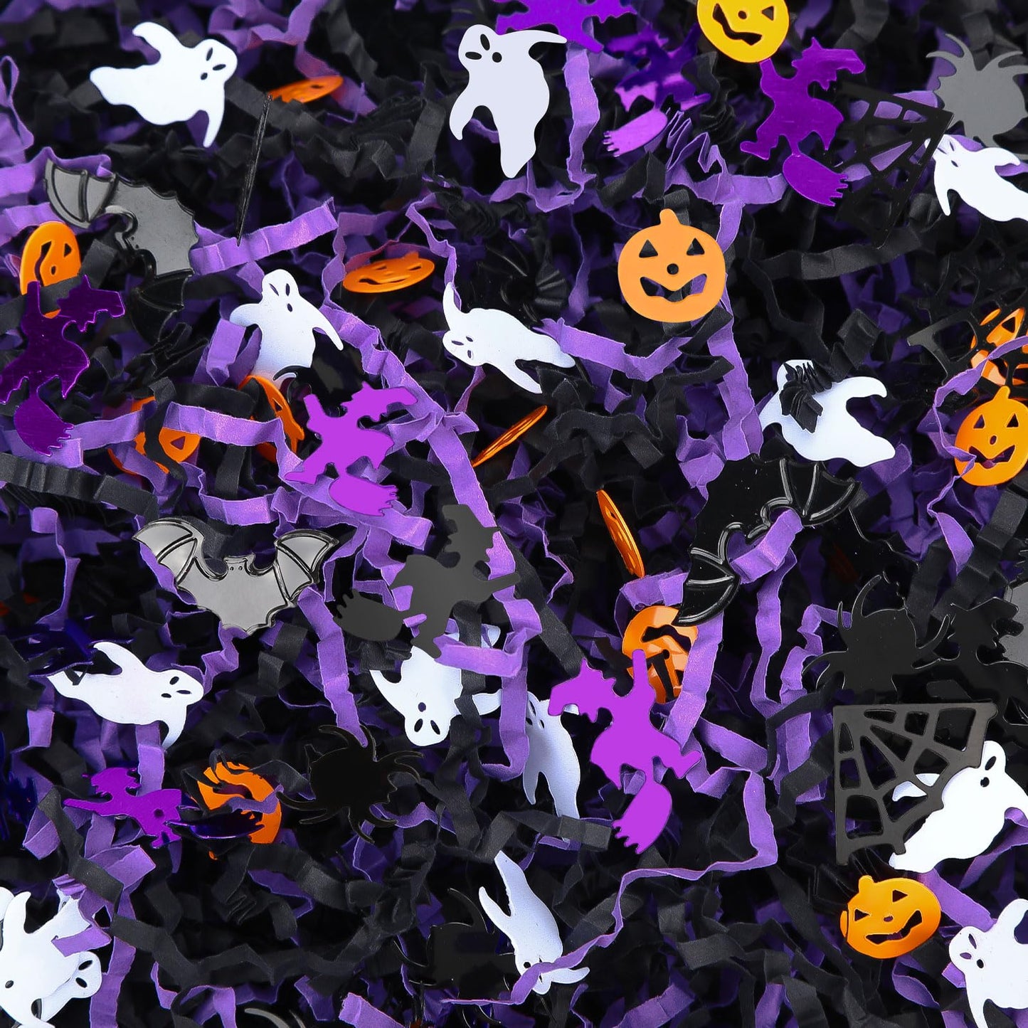 Jansun 1LB/16oz Halloween Crinkle Cut Paper, Black Purple Shred Filler Grass with Pumpkin Spider Bat Witch Ghost Confetti for Halloween Bakset Gift Box Bag Wrapping Basket Filling Party Decorations