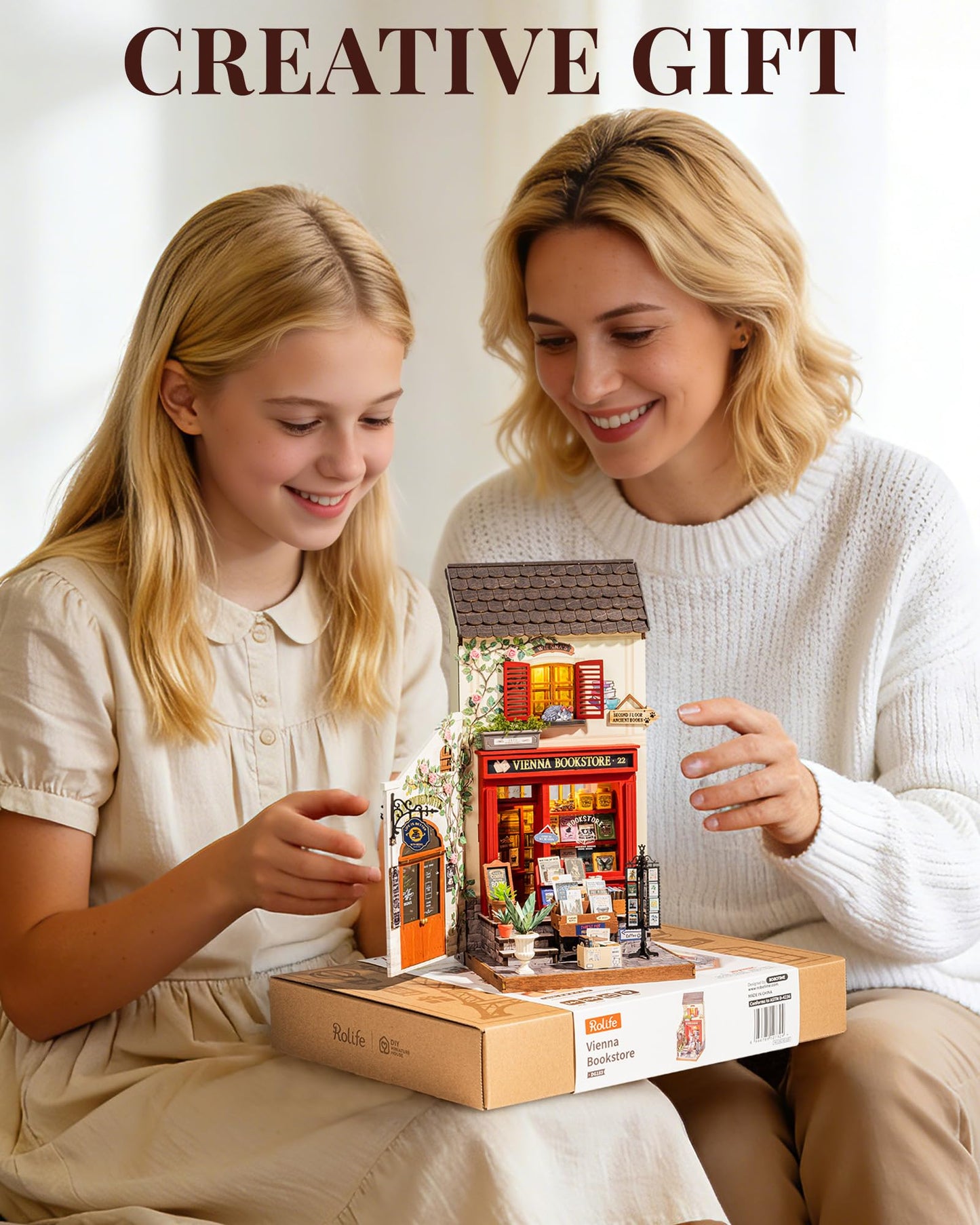 Rolife Book Nook Kit, Vienna Bookstore DIY Miniature Dollhouse Kit with LED Light, 1:18 Scale Miniature Wooden Puzzle for Adults, Mini Building Kit Bookshelf Library Theme Birthday Crafts Gift Decor