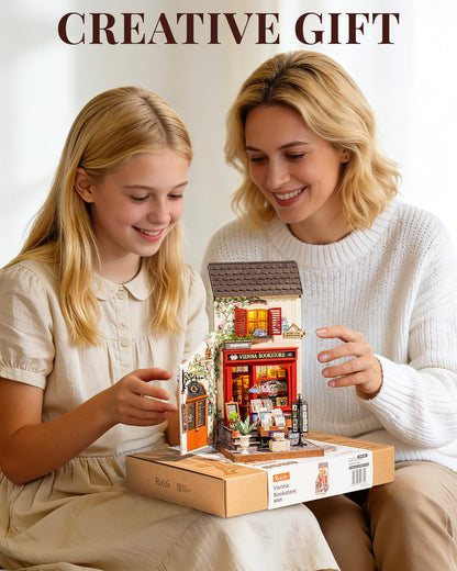 Rolife Book Nook Kit, Vienna Bookstore DIY Miniature Dollhouse Kit with LED Light, 1:18 Scale Miniature Wooden Puzzle for Adults, Mini Building Kit Bookshelf Library Theme Birthday Crafts Gift Decor