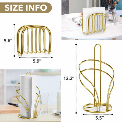 Paper Towel Holder Countertop, Stainless Steel Paper Towel Roll Holder and Paper Napkinholder Set, Standing Paper Towel Roll Holder Stand with Weighted Base Suction Cups (Gold)