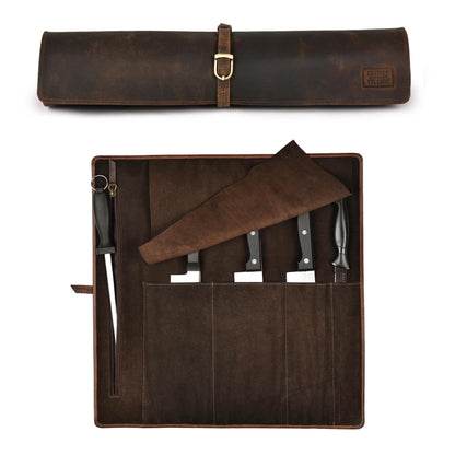 LEATHER VILLAGE Genuine Leather Knife Roll Bag – Professional Chef Carrying Case, Durable Sheath Holder, Cooks & Culinary Tools Organizer, Portable Travel Storage with 4 Slots & Zipper - Rustic Brown
