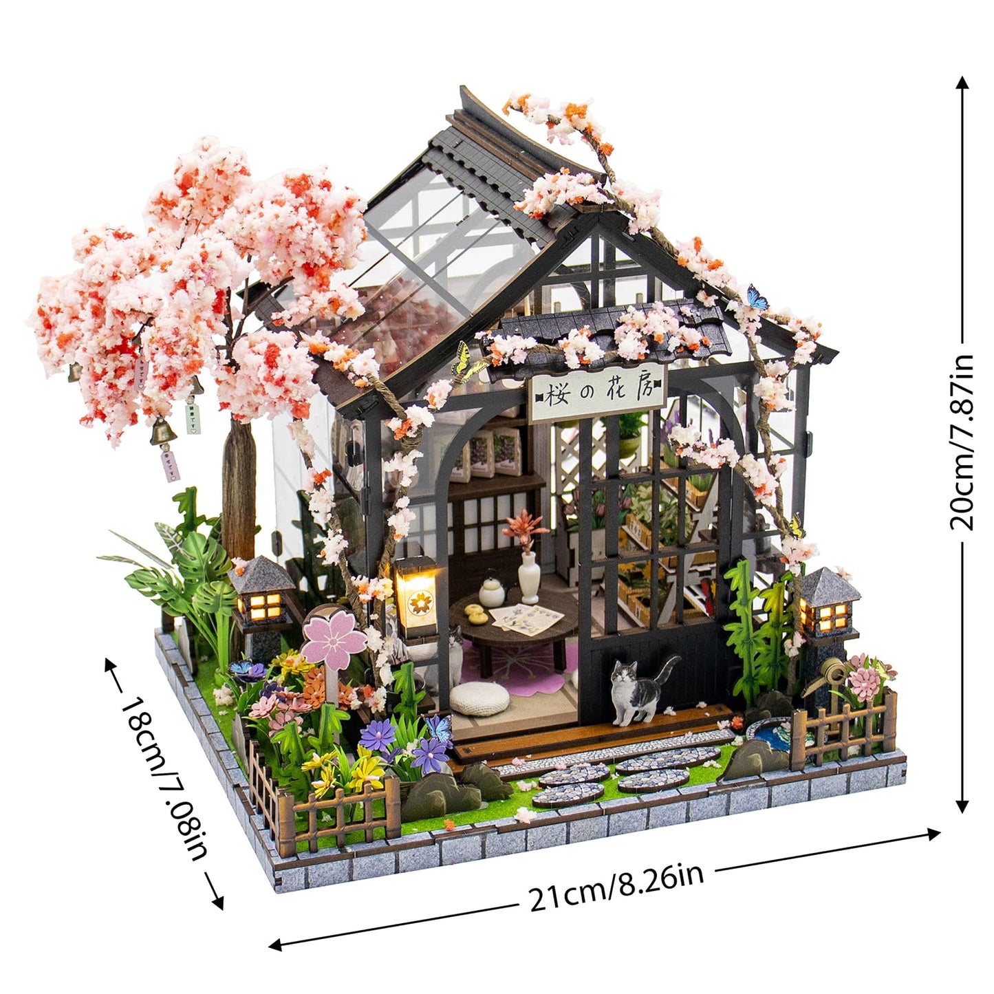 Plustopoy DIY Miniature House Kit, 3D Wooden Dollhouse with LED Lights, Creative Book Nook Kit for Home Decor, Japanese Sakura Greenhouse Miniature Room Kit Craft Building Model Gift for Women