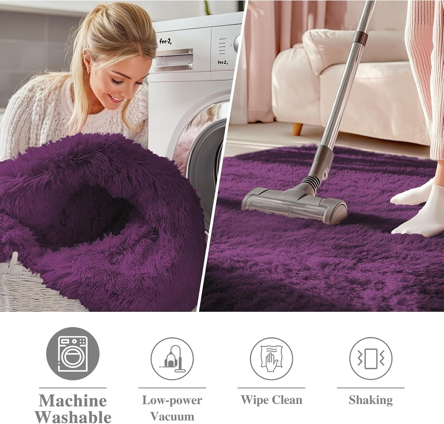 OLANLY Dark Purple Round Rug - Soft, Fluffy Shaggy Carpet for Bedroom | 6 ft Machine Washable Area Rug