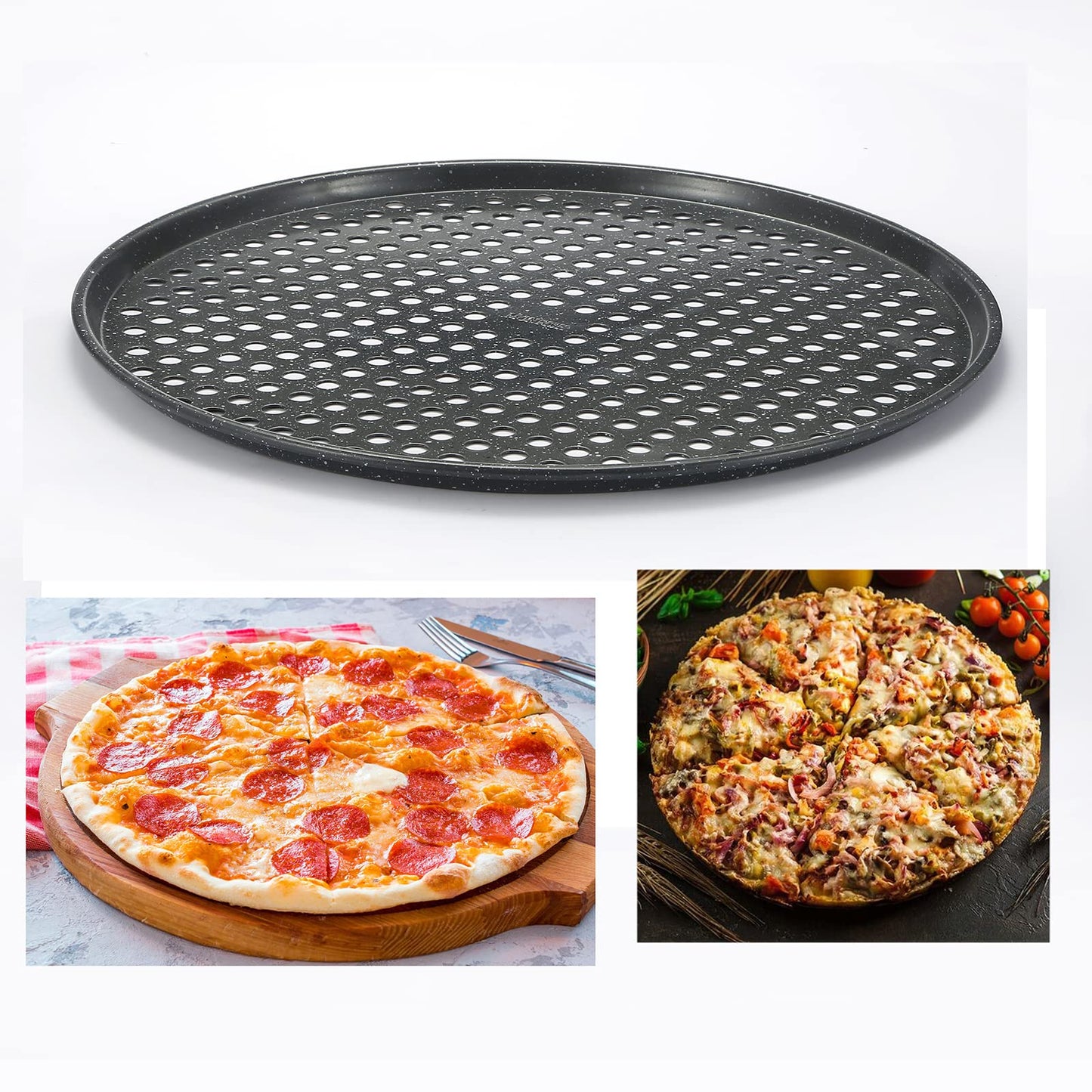 Monfish 14 inch Pizza Pan with holes 2 pack perforated huge Pizza Tray Carbon Steel Crisper Pan Non stick Pizza pan for oven