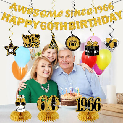 Kuxriox 11Pcs 60th Birthday Decorations Kit for Men Women, Black Gold Happy 60th Birthday Banner, Awesome Since 1966 Centerpieces Swirls Party Supplies, Sixty Bday Banner Ceiling Table Topper Sign