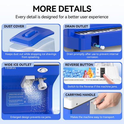 Vtsmax Electric Ice Shaver Machine, 300W Shaved Ice Machine, Thickness Adjustable Snow Cone Maker Machine 661LBs/hr Ice Crusher for Bar Parties Events Snack, Home and Commerical Use Blue(5.8Qt)