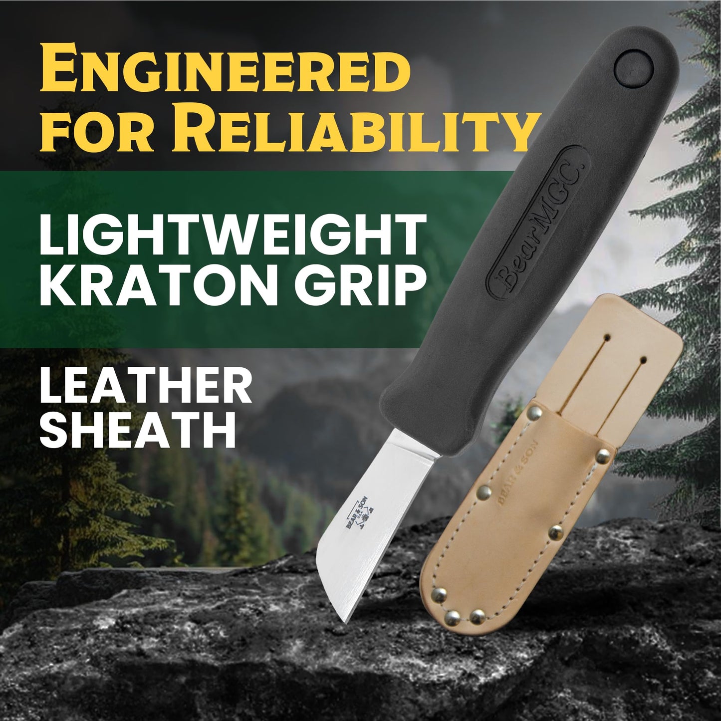 Bear & Son – Fixed 1.75" Splicer Utility Knife | 440 High Carbon Stainless Steel Sheepfoot Blade with Cushioned Kraton Grip | Compact Work, Shop & Everyday Use Fixed Blade Knife – Made in USA