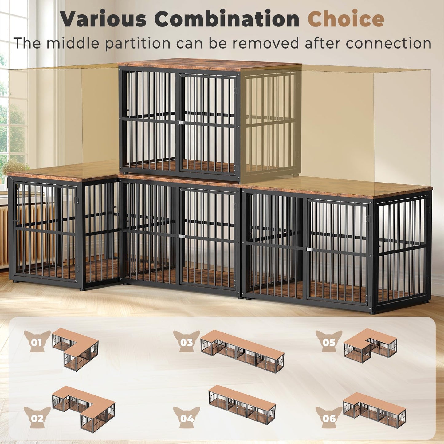 Lyromix 43'' Dog Crate Furniture with 3 Doors, XL Wooden Crate End Table Heavy Duty Indoor Puppy Cage for Medium to Large Dogs, Multiple Units Can be Combined