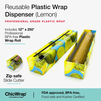 Chicwrap Lemon Refillable Plastic Wrap Dispenser - Includes One 12" x 250' Roll of Professional Grade Plastic Wrap - BPA Free and Kosher Certified - Reusable Dispenser w/Slide Cutter