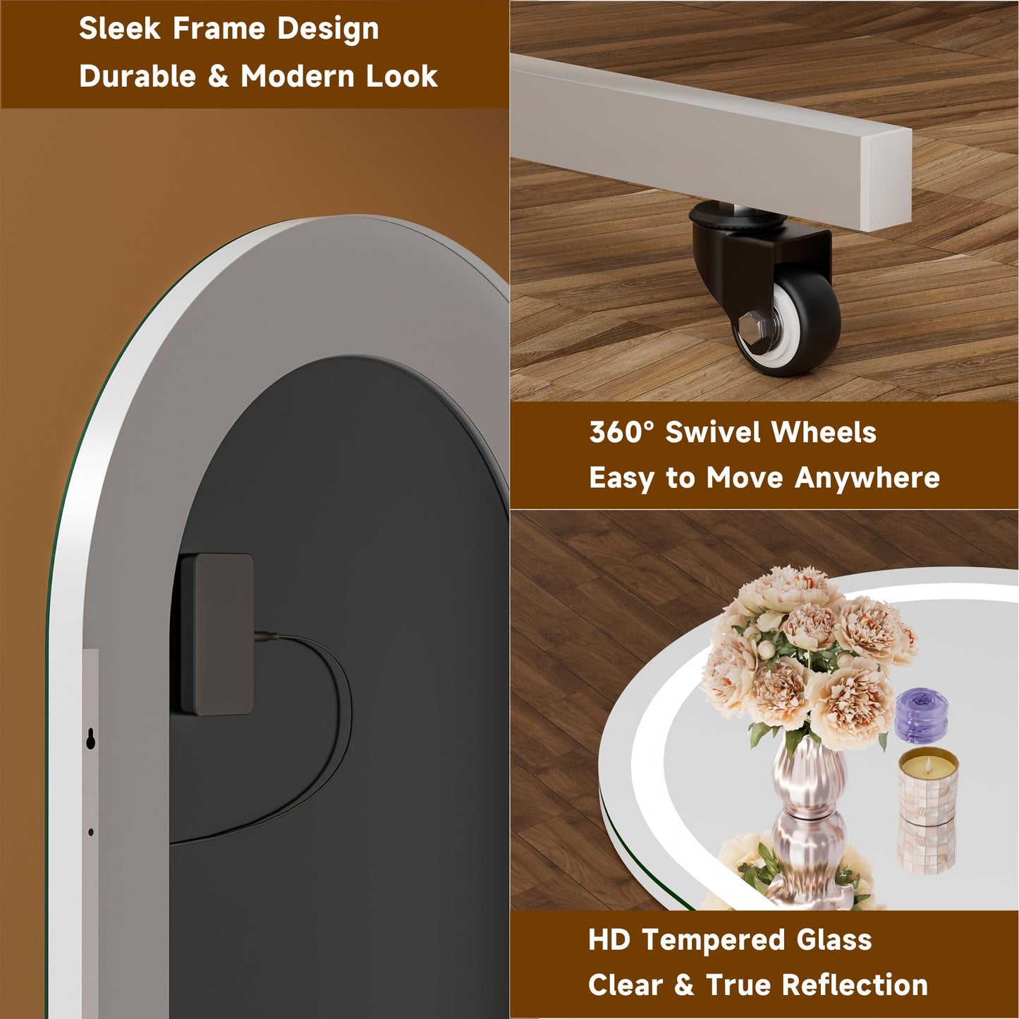 Hasipu 67" x 40" Arched LED Rolling Gym Mirror with Wheels, Dimmable Lighted Body Mirror with 3 Color Temperatures & Adjustable Brightness for Bedroom, Yoga Studio & Home Gym