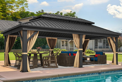 DWVO 12x18ft Hardtop Gazebo Double Roof with Nettings and Curtains, Heavy Duty Galvanized Steel Outdoor Vertical Stripes Roof for Patio, Backyard, Deck, Lawns, Brown