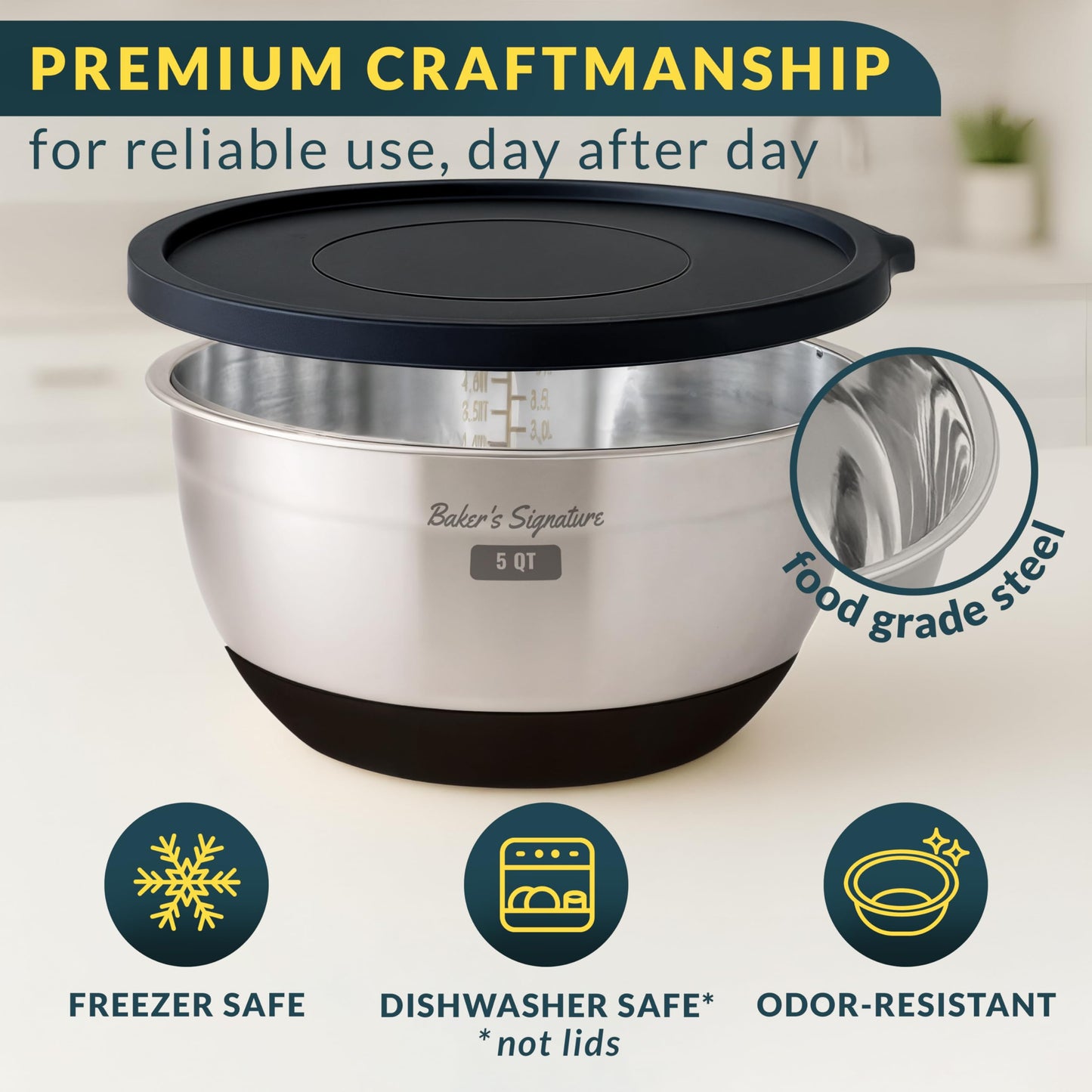 Baker's Signature Stainless Steel Mixing Bowls with Lids Set, 5 Sizes, 3 Graters, Non-Slip Base, Airtight Lids, Metal Mixing Bowls for Kitchen, Food Prep, Storage, 0.63QT-5QT, Black