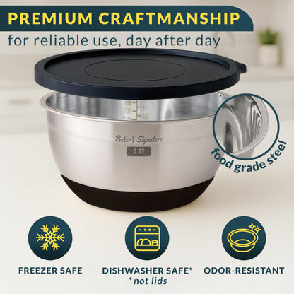 Baker's Signature Stainless Steel Mixing Bowls with Lids Set, 5 Sizes, 3 Graters, Non-Slip Base, Airtight Lids, Metal Mixing Bowls for Kitchen, Food Prep, Storage, 0.63QT-5QT, Black