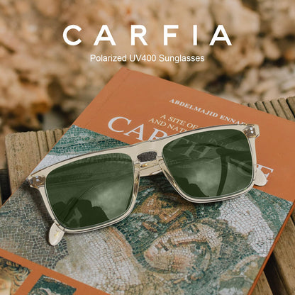 CARFIA Retro Polarized Sunglasses for Men UV Protection Hand-crafted Acetate Frame Fishing Golf Spectacles Green Lens