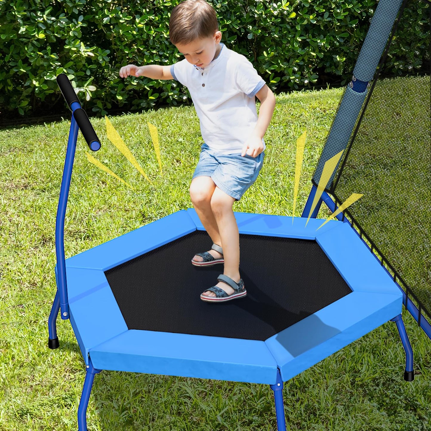 5-in-1 Kids Swing Sets for Backyard with Trampoline, 880lbs Heavy-Duty A-Frame Stand Metal Outdoor with 32 inch Saucer & Belt Swing, 55 inch Trampoline, Basketball Hoop, Led Light & Anchors