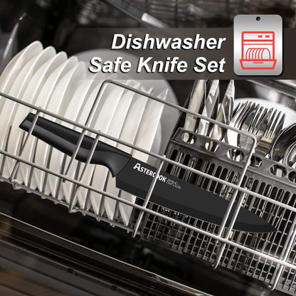 Knife Set, Astercook 21 Pieces Knife Sets for Kitchen with Block, Dishwasher Safe Kitchen Knife Set with Built-in Sharpener, German Stainless Steel Black Knife Block Set Mothers Day Gifts