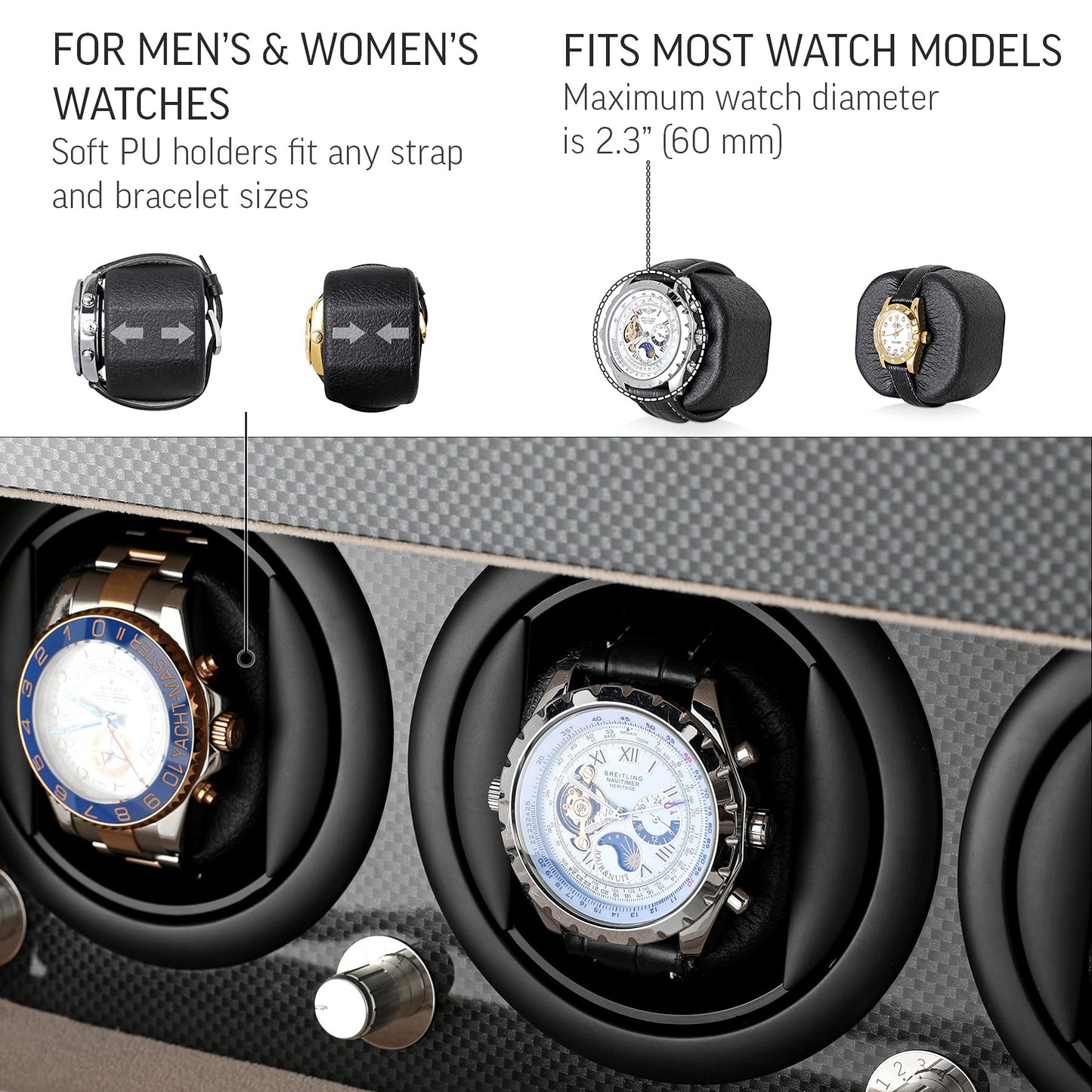 Watch Winder and Storage box for winding 3 Automatic Watches and 12 Watch Storage Space (Carbon + Beige)