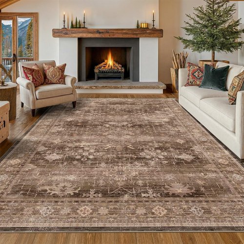 Hazo Haus Boho Taupe Living Room Rug - Vintage Traditional Oriental Design | Washable 7x10 Non-Slip Area Rug