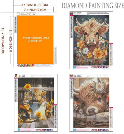 Axquilon Diamond Art Kits for Adults - 3 Pack Highland Cow Diamond Painting Kits for Adults, 5D Round Full Drill Cow Gem Art, Paint by Diamonds Pictures DIY Crafts Kits 12x16inch