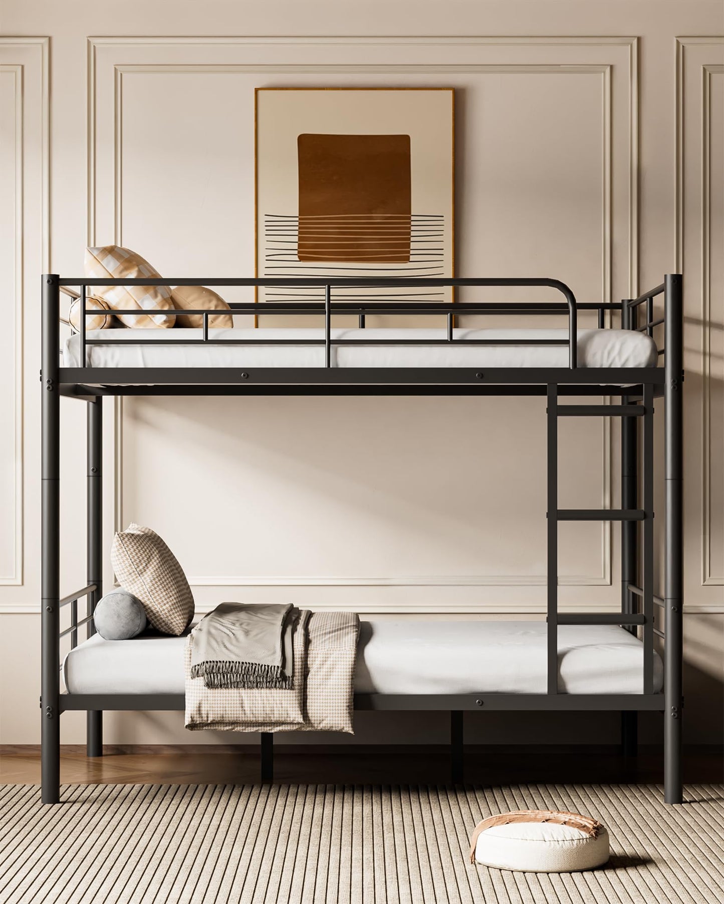 Mixcous Full Over Full Metal Bunk Bed for Adults & Kids, Convertible to 2 Separate Full Size Beds, Heavy Duty Bunk Bed Frame with Full-length Guardrail & EVA Padded Ladder, No Box Spring Needed, Black