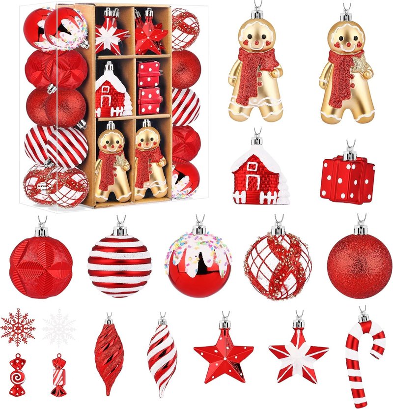 SHareconn 65pcs Christmas Tree Ornaments Set, Shatterproof Christmas Gingerbread Man Balls Bulk Gift Boxes, Hanging Plastic Decorative Baubles for Xmas Trees Decorations, Holiday Party, Red White