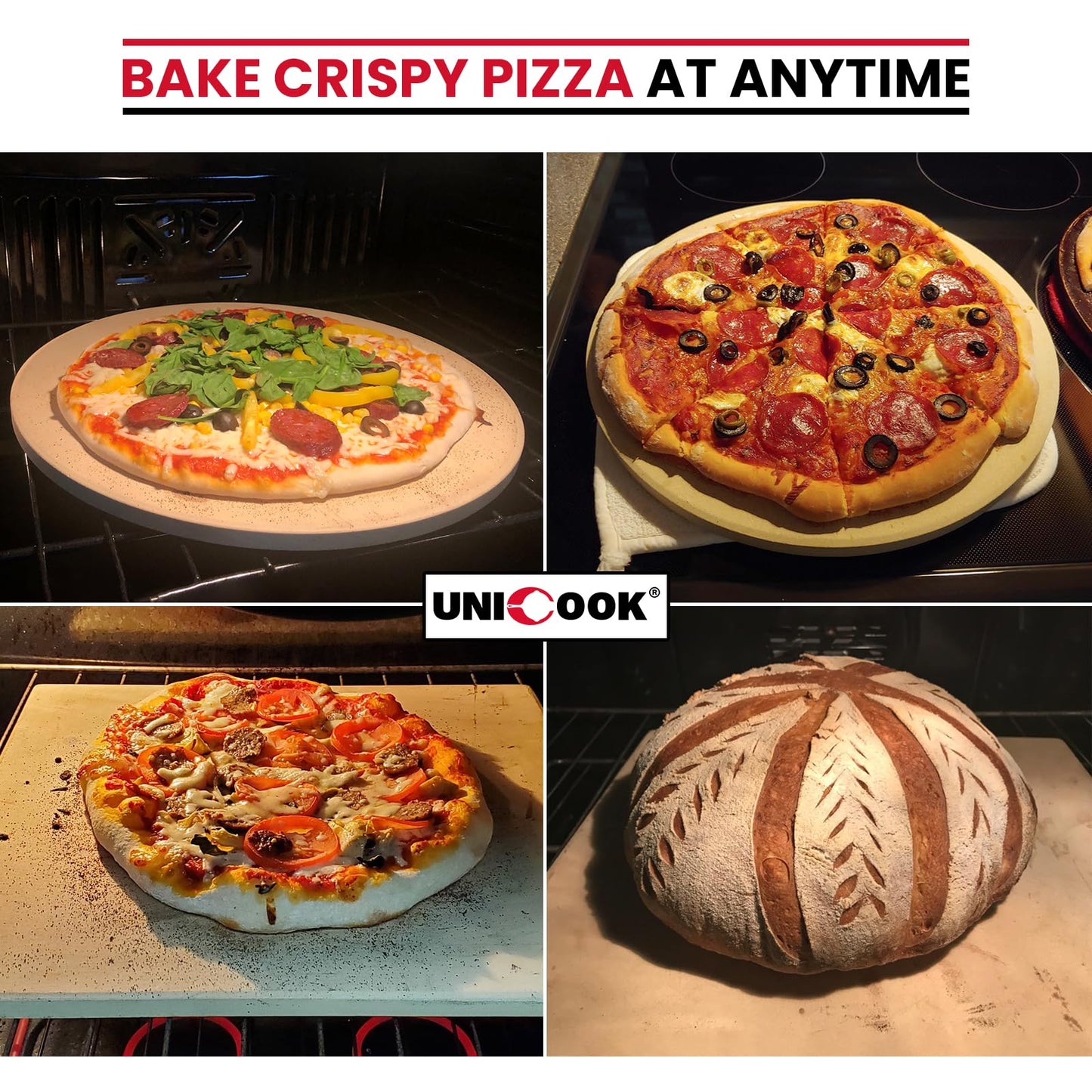 Unicook Pizza Stone 15 Inch, Premium Baking Stone for Oven Grill, Square Cordierite Bread Pizza Pan, Thermal Shock Resistant, Includes Scraper