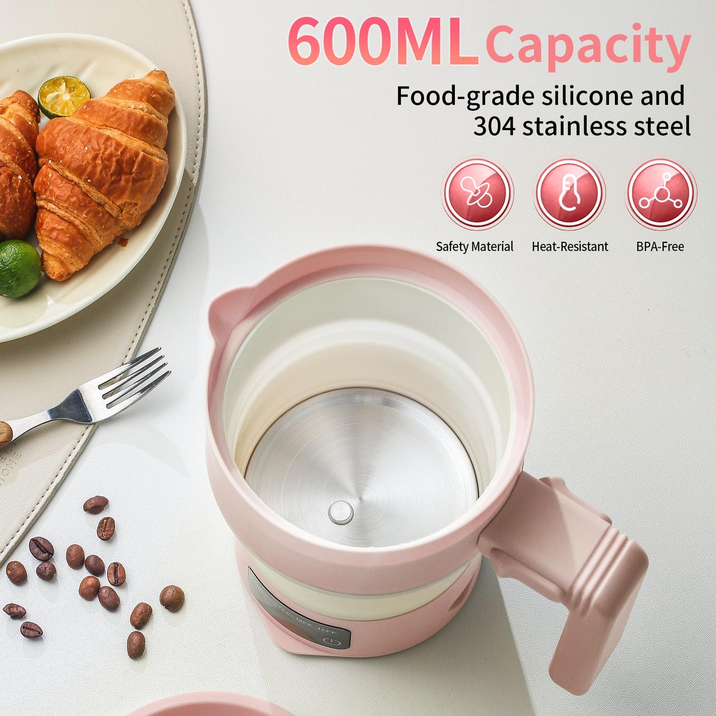 UPEZAN Travel Electric Kettle-Collapsible Portable Electric Kettle, 600W Foldable Small Water Boiler with 4-Temp Presets, Food Grade Silicone for Hotel, Office, Camping (Pink, 600mL)