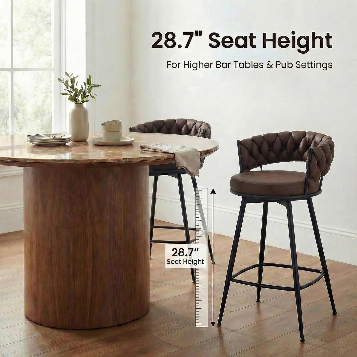YOUNUOKE 360° Swivel Bar Stools Set of 2, 28 inch Seat Height Barstools with Woven Low Back, Metal Straight Legs with Footrest, Fabric Bar Stool for Kitchen Island, Bar & Pub (2 PCS, Dark Brown)
