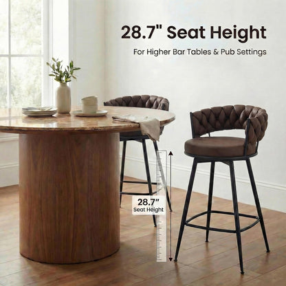 YOUNUOKE 360° Swivel Bar Stools Set of 2, 28 inch Seat Height Barstools with Woven Low Back, Metal Straight Legs with Footrest, Fabric Bar Stool for Kitchen Island, Bar & Pub (2 PCS, Dark Brown)