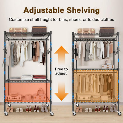 Whitmor 3 Tier Rolling Garment Rack, Heavy Duty Adjustable Metal Clothing Rack with Side Hooks, Double Rods & 360° Lockable Wheels, Max 600LBS for Hanging Clothes, 43" L x 18" W x 80" H, Black
