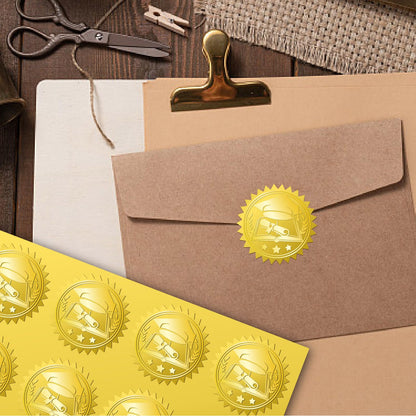 CRASPIRE 408Pcs Graduation Cap Books Certificates Official Gold Foil Embossed Stickers 2" Self Adhesive Envelopes Seals Round Labels for Award Wedding Invitation Corporate Diplomas Gift Wrapping Decor
