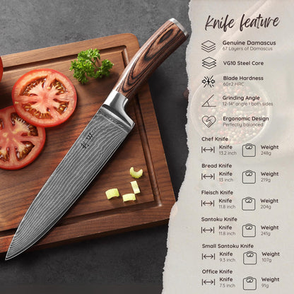 Wakoli EDIB 6-Piece Damascus Knife Block Set – Professional Kitchen Knives with Magnetic Acacia Block – Kitchen Knife Set made of 67-Layer Damascus Steel Blades & Ergonomic Pakkawood Handles