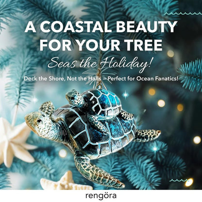 Hand-Painted Beach Christmas Ornament – Coastal Tree Decoration for Ocean Lovers – Unique Nautical Ornament for Christmas Tree or Stocking Stuffer Gift (Blue Sea Turtle Mother and Baby)