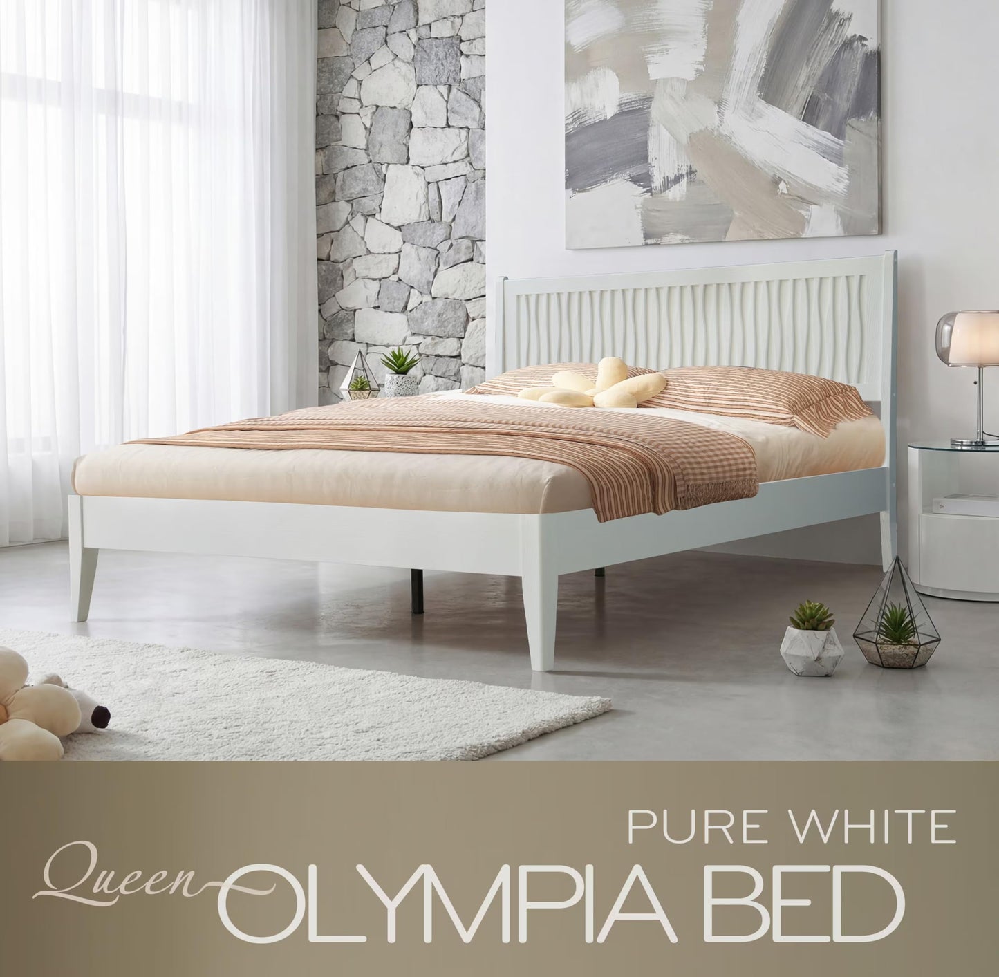 Queen Size Solid Wood Platform Bed Frame with Headboard and Footboard, Noise-Free & Anti-Slip Design, Center Metal Legs, 12 Heavy-Duty Slats, No Box Spring Needed, Pure White Finish, OLQ-39