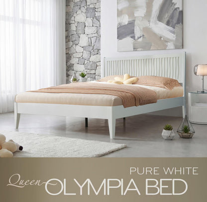 Queen Size Solid Wood Platform Bed Frame with Headboard and Footboard, Noise-Free & Anti-Slip Design, Center Metal Legs, 12 Heavy-Duty Slats, No Box Spring Needed, Pure White Finish, OLQ-39