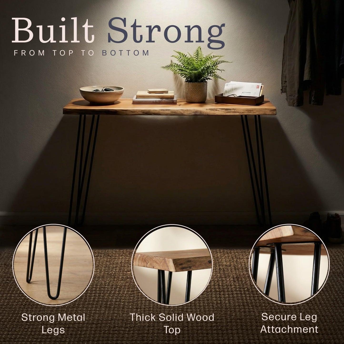 Alaterre Furniture Live Edge Wood Console Table with Hairpin Metal Legs – Rustic Solid Wood Sofa Table, Narrow Entryway Hallway Table, Industrial Farmhouse Media Console for Living Room (48 Inch)