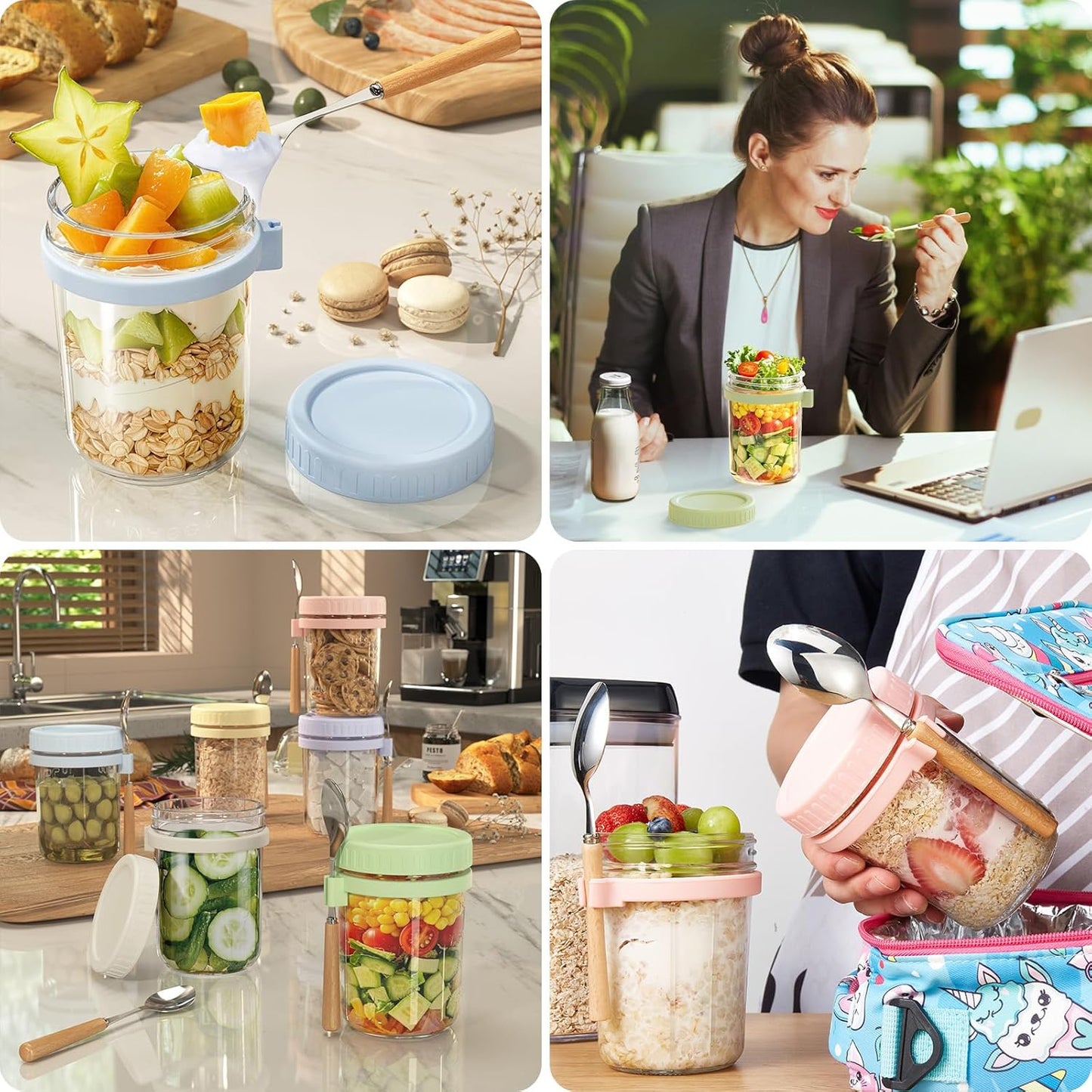 16oz 4 Pack HomArtist Overnight Oats Containers with Lids and Spoons, Wide Mouth Mason Jars with Airtight Lids