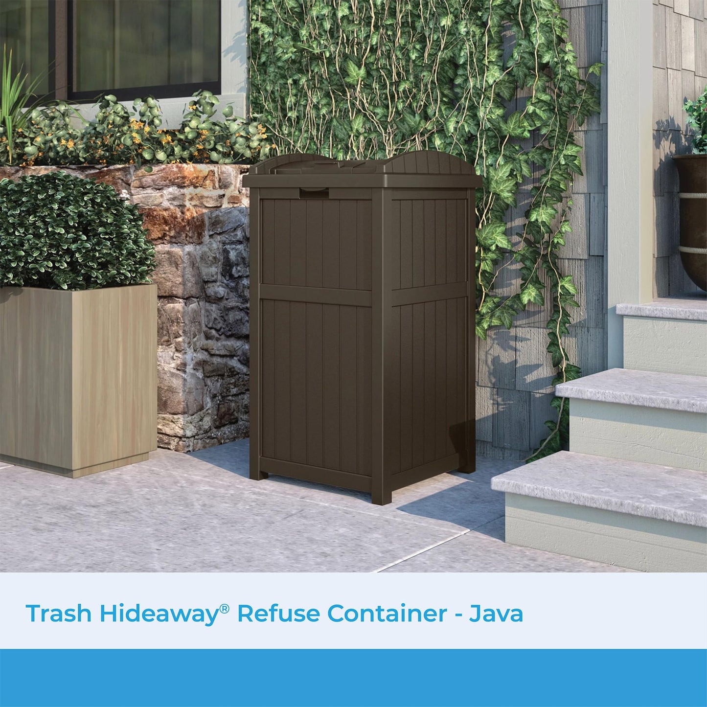 Suncast 33 Gallon Durable resin Hideaway Outdoor Garbage Can with Secure Lid and Wicker Design for Home Backyards, Decks, or Patios, Java Brown