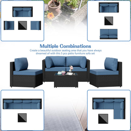 Patio Furniture Sets, 5 Piece Outdoor Sectional Sofas, Wicker Rattan Outdoor Furniture Patio Conversation Set, All-Weather PE Rattan Outdoor Couch for Backyard, Garden, Black & Aegean Blue