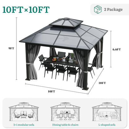 YITAHOME 10X10FT Polycarbonate Hardtop Gazebo Outdoor Patio Double Top Canopy Galvanized Iron Metal Column Garden Tent Curtains Netting for Backyards Decks Lawns,Gray