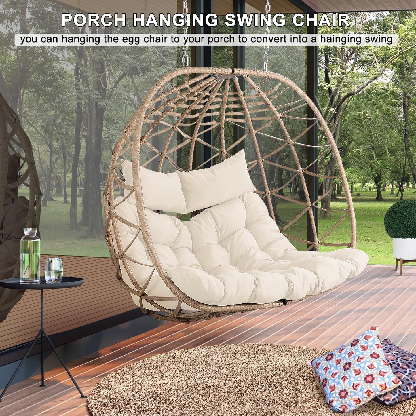 NOBLEMOOD Outdoor Egg Swing Chair with Stand, 2 Person Patio Swing Chairs with Thick Cushions and Pillows, Wicker Double Egg Chair Swing for Indoor Bedroom
