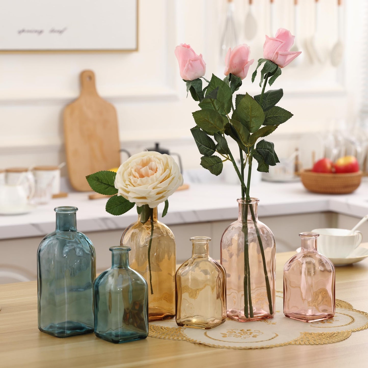 GMWD Glass Flower Vase Set of 6 Yellow Clear Bud Vases, 14.5 Oz 8 Oz Apothecary Bottle Vases Decorative for Centerpieces Home Decoration Wedding Reception Table Decor