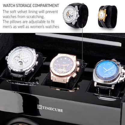 TIMECUBE Watch Winder for 4 Watches with 15 Winding Programs and 3 Watch Storage Slots (Black)
