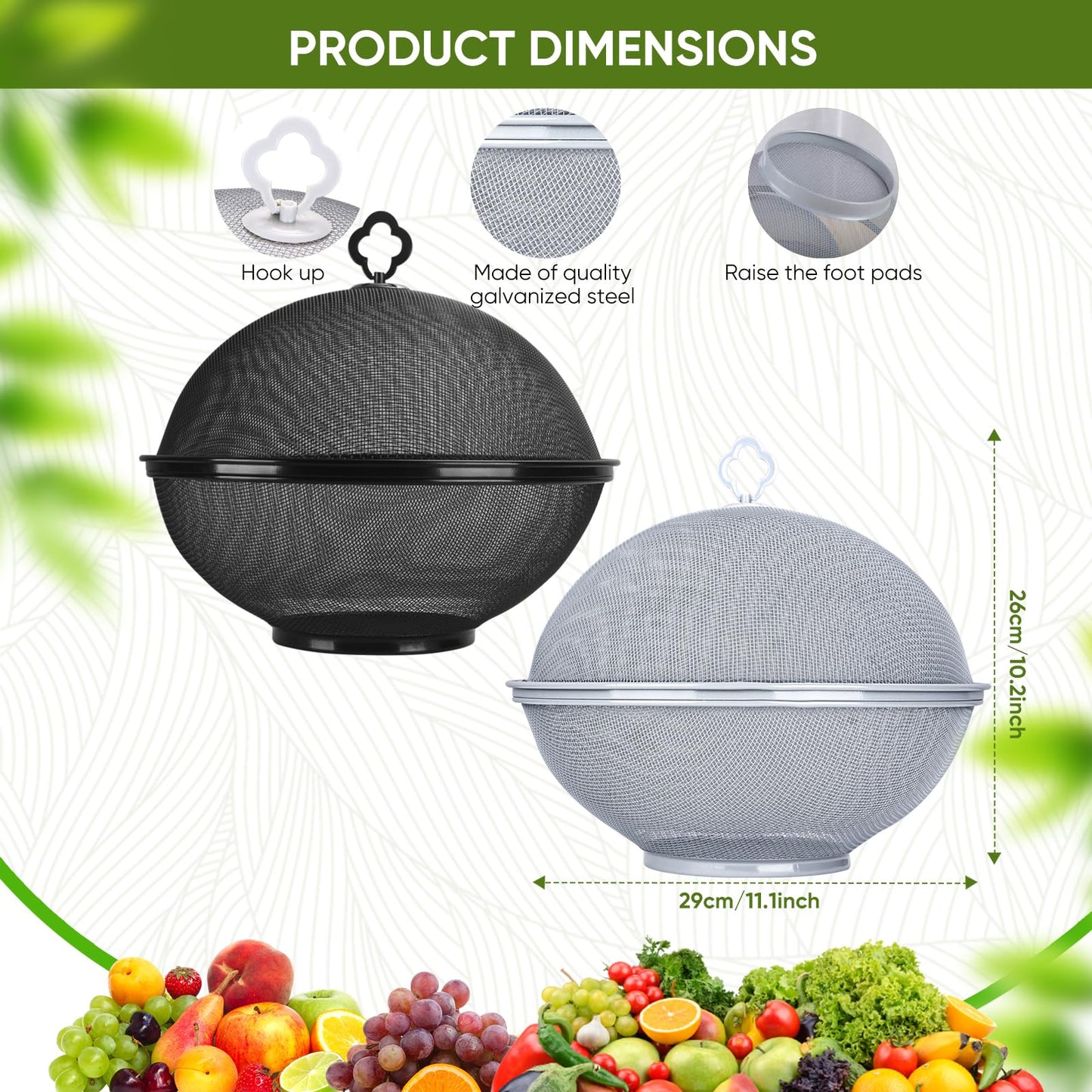 Metal Mesh Fruit Bowl with Lid & Basket - Fruit Fly Proof Kitchen Counter Storage for Fruits & Veggies (Black/2PCS)